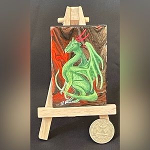 Miniature 2”x3” Green Dragon Painting with Display Easel.